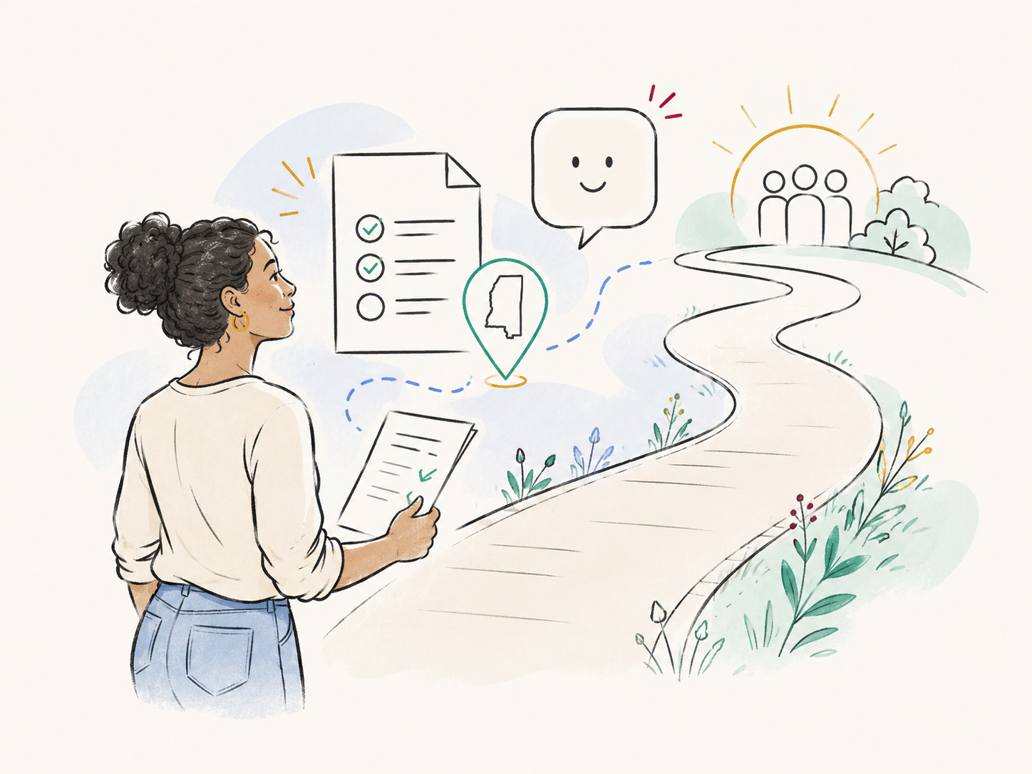 A person starting a guided record-clearing pathway with documents, support, and community ahead